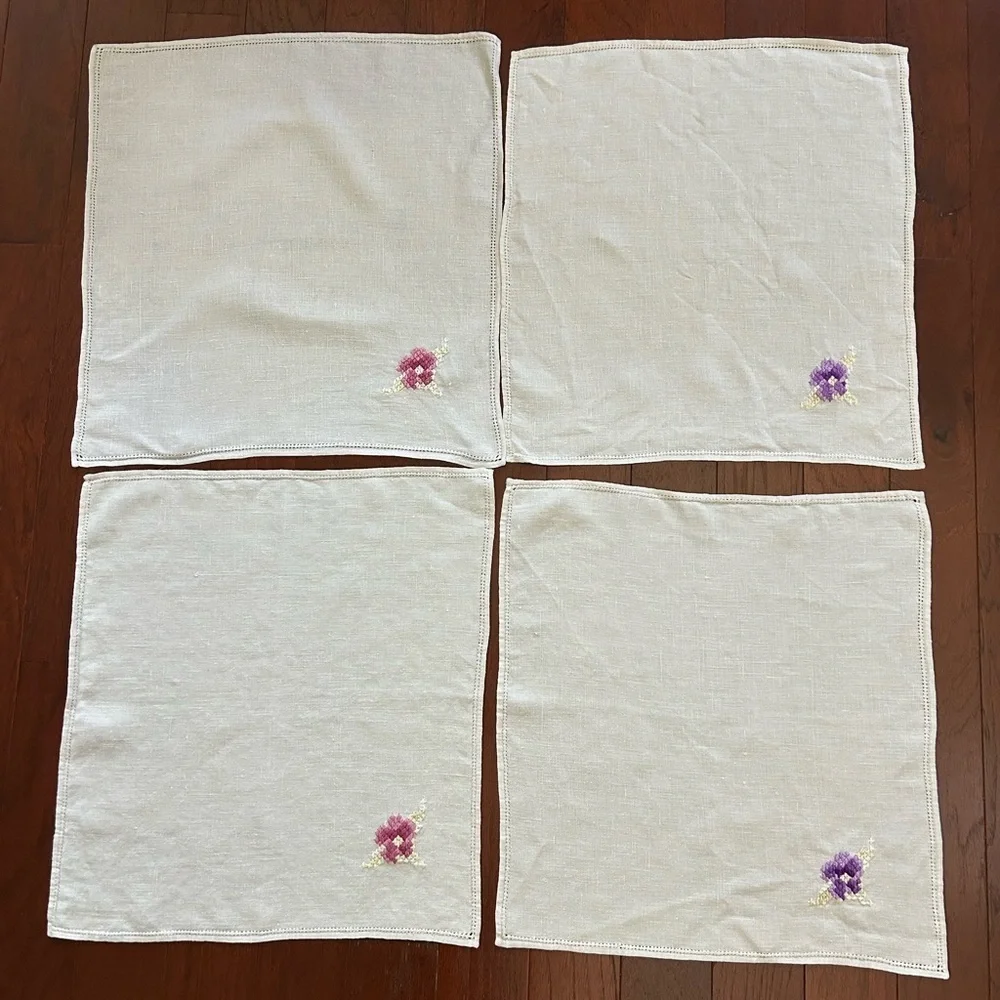 8 All Pure Linen Napkins with hand embroidery 15”x15” white/grey color